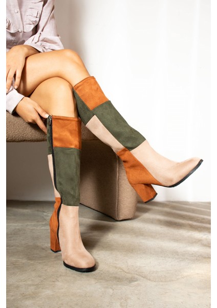 Günlük Kadın Dizaltı Çizme Süet Kalın Yüksek Kalın Topuklu Tırtıklı Taban Fermuarlı Rahat 700 fiyatları