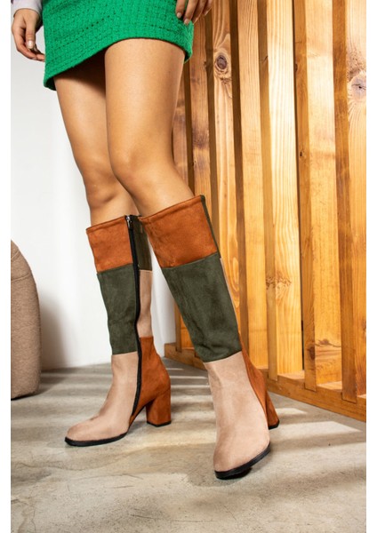 Günlük Kadın Dizaltı Çizme Süet Kalın Yüksek Kalın Topuklu Tırtıklı Taban Fermuarlı Rahat 700 modelleri