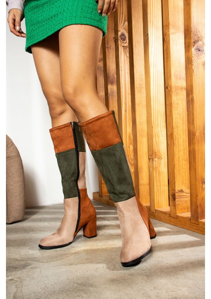 Günlük Kadın Dizaltı Çizme Süet Kalın Yüksek Kalın Topuklu Tırtıklı Taban Fermuarlı Rahat 700 fırsatları