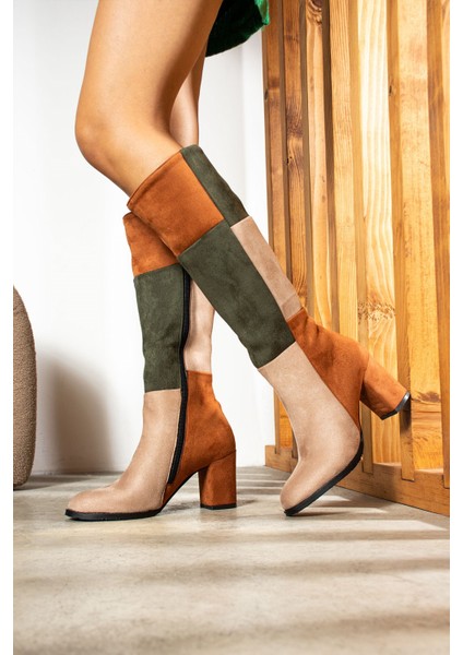 Günlük Kadın Dizaltı Çizme Süet Kalın Yüksek Kalın Topuklu Tırtıklı Taban Fermuarlı Rahat 700 indirimleri