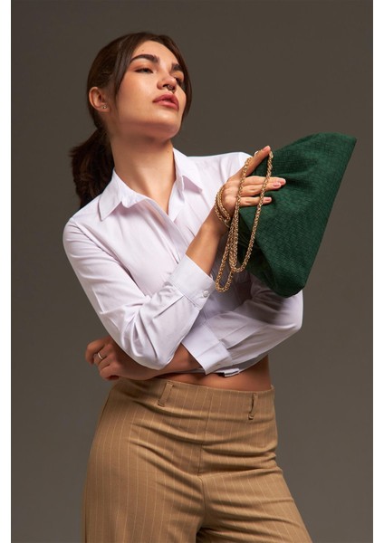 Yeşil Süet Deri Örgü Detaylı Zincirli Omuz Çantası modelleri