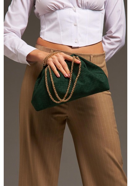 Yeşil Süet Deri Örgü Detaylı Zincirli Omuz Çantası fırsatları