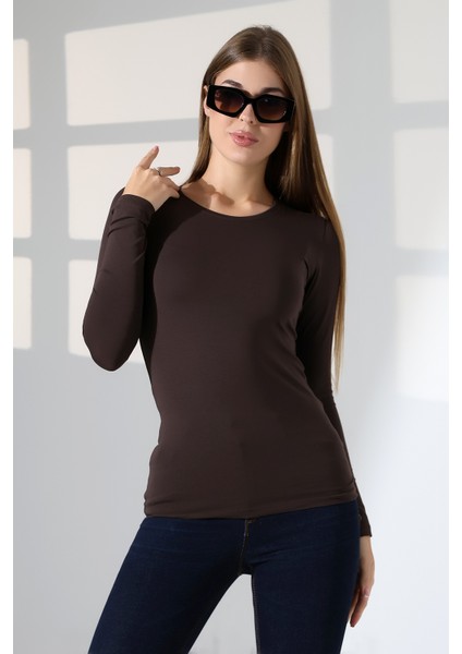 Uzun Kol Bisiklet Yaka Penye Kompakt Body 19646 Kahve fiyatları