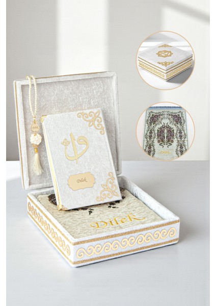 Sandıklı Kişiye Özel Isimli Seccade Seti - Hediyelik Kadife Kaplı Kuranı Kerim Seti - Beyaz