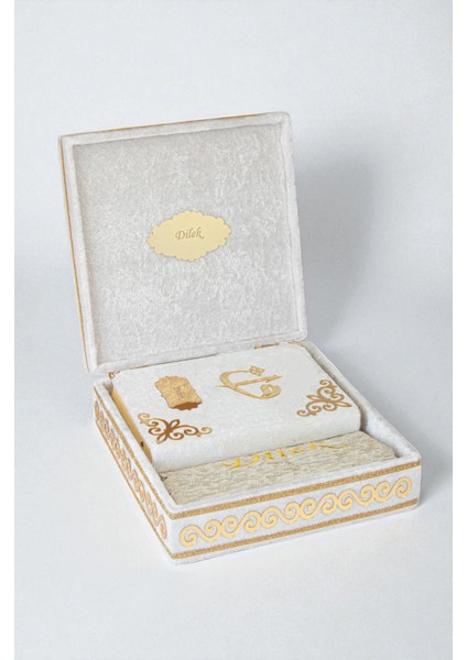 Sandıklı Kişiye Özel Isimli Seccade Seti - Hediyelik Kadife Kaplı Kuranı Kerim Seti - Beyaz fiyatları