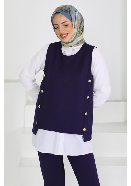 Düğme Detaylı Lacivert Süveter Tesettür Pantolon Takım -27613 fiyatları