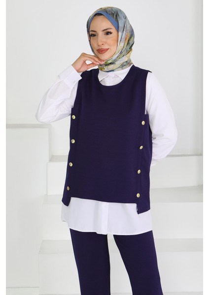Düğme Detaylı Lacivert Süveter Tesettür Pantolon Takım -27613 fırsatları