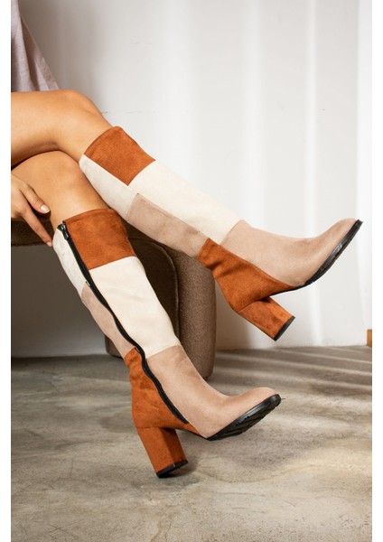 Günlük Kadın Dizaltı Çizme Süet Kalın Yüksek Kalın Topuklu Tırtıklı Taban Fermuarlı Rahat 700 fiyatları