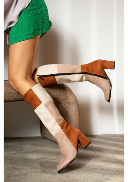 Günlük Kadın Dizaltı Çizme Süet Kalın Yüksek Kalın Topuklu Tırtıklı Taban Fermuarlı Rahat 700 fırsatları