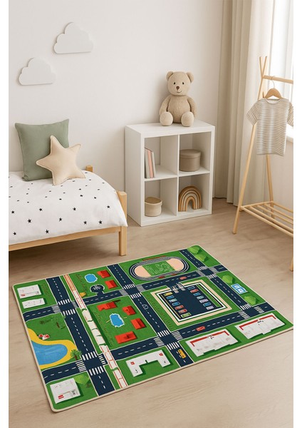 Çocuk Oyun Halısı | Kaymaz Tabanlı, Renkli Şehir Desenli, Eğitici Oyun ve Aktivite Halısı