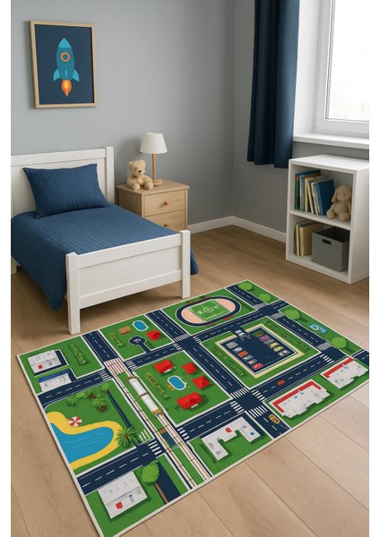 Çocuk Oyun Halısı | Kaymaz Tabanlı, Renkli Şehir Desenli, Eğitici Oyun ve Aktivite Halısı fiyatları