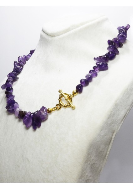 Özel Tasarım Ametist Kırık Taş Gerçek Altın Kaplama Kolye