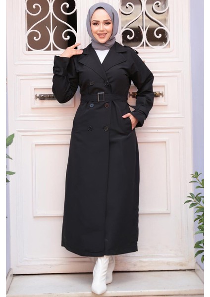Tokalı Kemerli Siyah Tesettür Trençkot 26413S