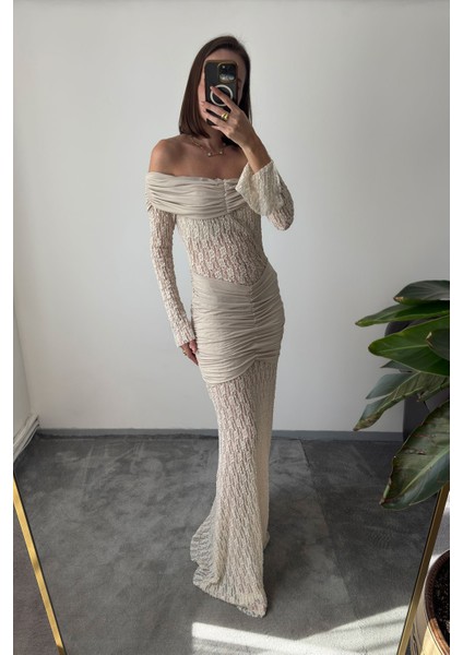 Dantelli Premium Yeni Sezon Elbise- Bej