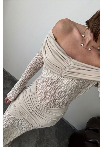 Dantelli Premium Yeni Sezon Elbise- Bej fiyatları