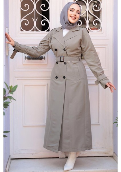 Tokalı Kemerli Açık Haki Tesettür Trençkot 26413AHK