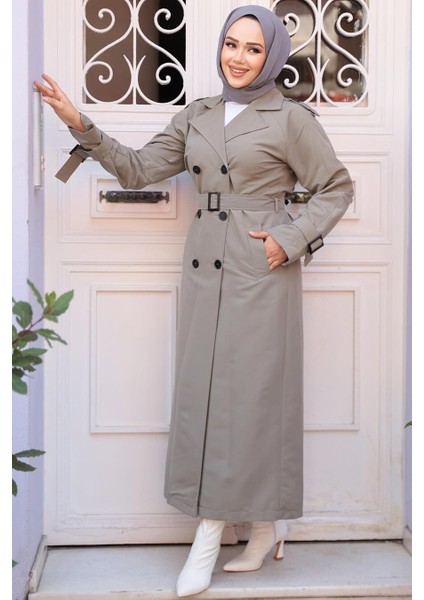 Tokalı Kemerli Açık Haki Tesettür Trençkot 26413AHK fiyatları
