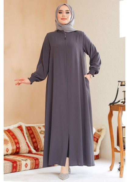 Fermuarlı Füme Tesettür Ferace 45287FU modelleri