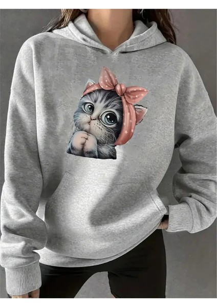 Kadın Sevimli Kedi Baskılı Kapüşonlu Gri Siyah Sweatshirt Oversize Salaş