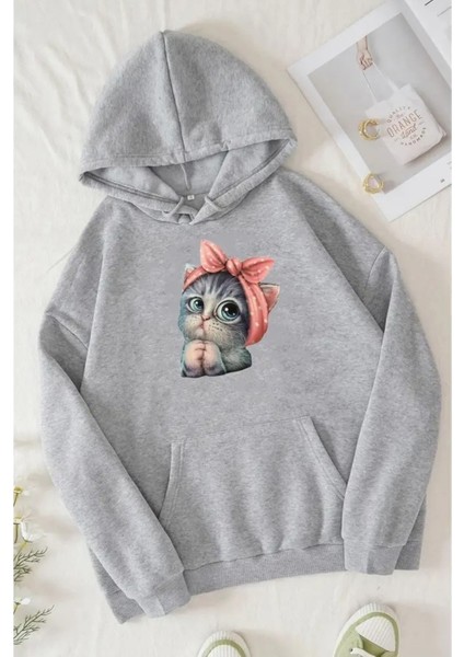 Kadın Sevimli Kedi Baskılı Kapüşonlu Gri Siyah Sweatshirt Oversize Salaş modelleri