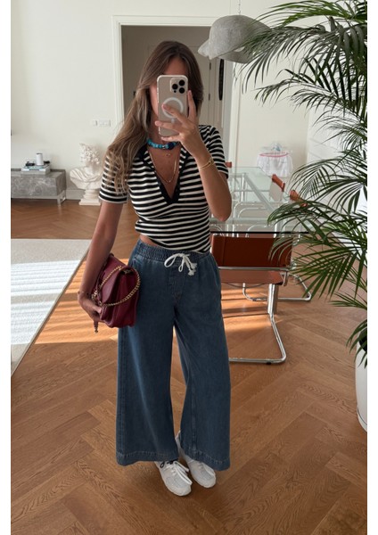 Mavi Beli Lastikli Denim Pantolon