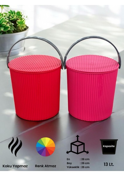 Rainbow 2’li Pembe-Kırmızı Büyük Boy 13 Litre Yuvarlak Kova Piknik Sepeti Meyve Kovası