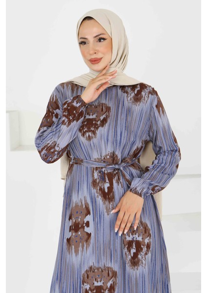 Desenli Kuşaklı Elbise Mavi - 27558 modelleri