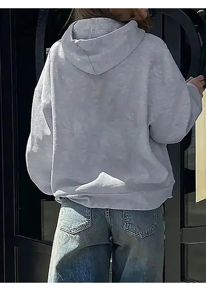 Kadın Sevimli Kedi Baskılı Kapüşonlu Gri Siyah Sweatshirt Oversize Salaş