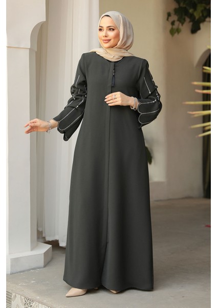 Kolları Işlemeli Koyu Petrol Yeşili Tesettür Abaya 2634KPY