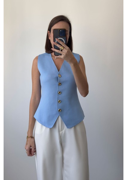Düğmeli Çelik Premium Yelek- Mavi