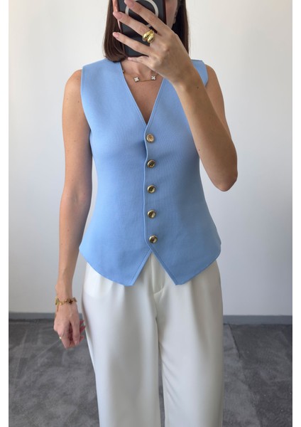 Düğmeli Çelik Premium Yelek- Mavi fırsatları
