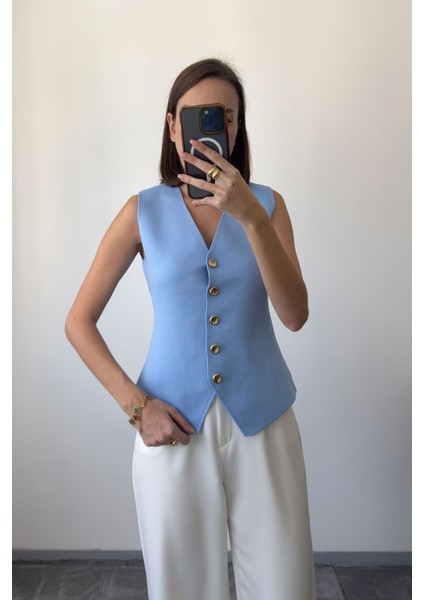 Düğmeli Çelik Premium Yelek- Mavi indirimleri