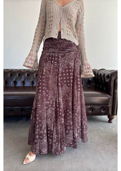 Şal Desen Premium Özel Seri Etek- Kahverengi