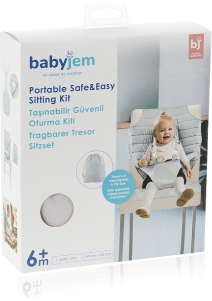 Babyjem Kumaş Mama Sandalyesi Aparatı – Yumuşak Süngerli, Ayarlanabilir Yükseklik ve Emniyet Kemerli, 6-36 Ay, Gri