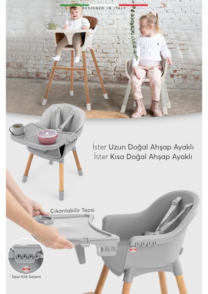 Verona 4'ü 1 Arada Ahşap Bebek Mama Sandalyesi ve Oturağı – Deri Pedli, Pudra Renk, Çok Fonksiyonlu Tasarım