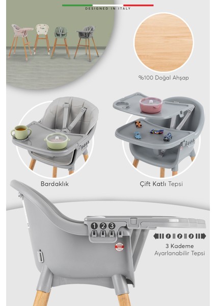 Verona 4'ü 1 Arada Ahşap Bebek Mama Sandalyesi ve Oturağı – Deri Pedli, Pudra Renk, Çok Fonksiyonlu Tasarım