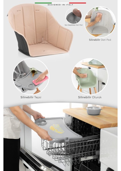 Verona 4'ü 1 Arada Ahşap Bebek Mama Sandalyesi ve Oturağı – Deri Pedli, Pudra Renk, Çok Fonksiyonlu Tasarım