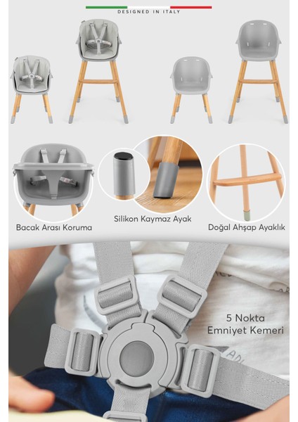 Verona 4'ü 1 Arada Ahşap Bebek Mama Sandalyesi ve Oturağı – Deri Pedli, Pudra Renk, Çok Fonksiyonlu Tasarım