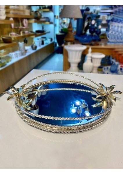 Gümüş Çiçekli Aynalı Yuvarlak Tepsi 35X45CM