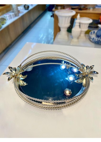 Gümüş Çiçekli Aynalı Yuvarlak Tepsi 35X45CM fiyatları