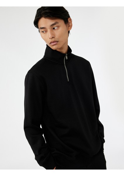 Uzun Kollu Şardonlu Basic Yarım Fermuarlı Sweatshirt