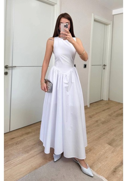 Sifir Kol Beli Oturtmalı Kolsuz Uzun Elbise - Beyaz indirimleri