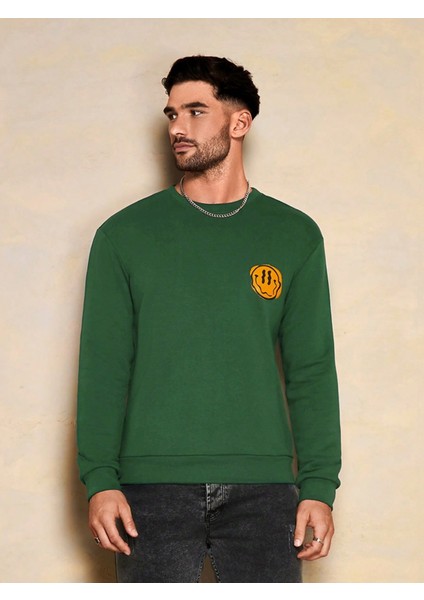 Erkek Yeşil Bisiklet Yaka Gülen Yüz Baskılı Uzun Kol T-Shirt