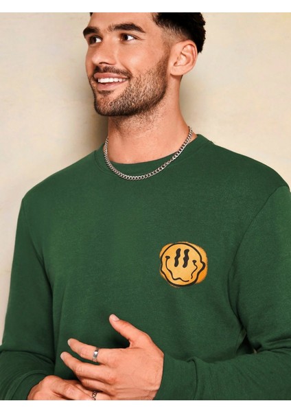 Erkek Yeşil Bisiklet Yaka Gülen Yüz Baskılı Uzun Kol T-Shirt fiyatları