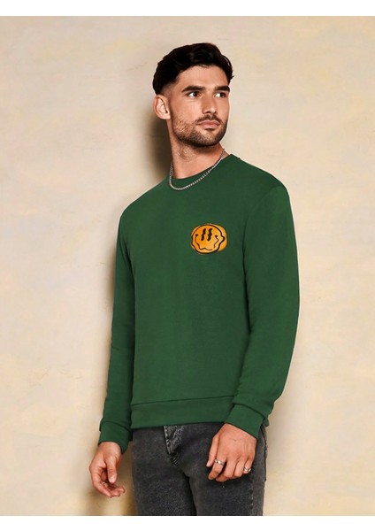 Erkek Yeşil Bisiklet Yaka Gülen Yüz Baskılı Uzun Kol T-Shirt modelleri