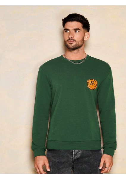 Erkek Yeşil Bisiklet Yaka Gülen Yüz Baskılı Uzun Kol T-Shirt fırsatları