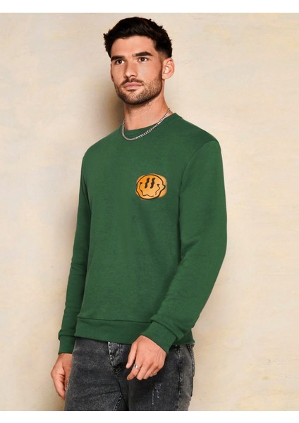 Erkek Yeşil Bisiklet Yaka Gülen Yüz Baskılı Uzun Kol T-Shirt indirimleri