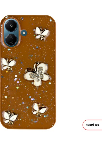 Redmi 13C Uyumlu Kelebekli Taşlı Simli Kalpli Wish Silikon Telefon Kılıfı