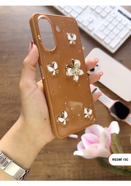 Redmi 13C Uyumlu Kelebekli Taşlı Simli Kalpli Wish Silikon Telefon Kılıfı fiyatları