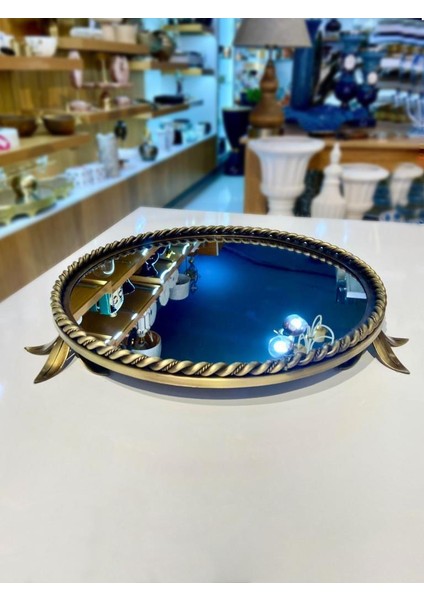 Altın Eskitme Çiçek Ayaklı Aynalı Yuvarlak Tepsi 38CM